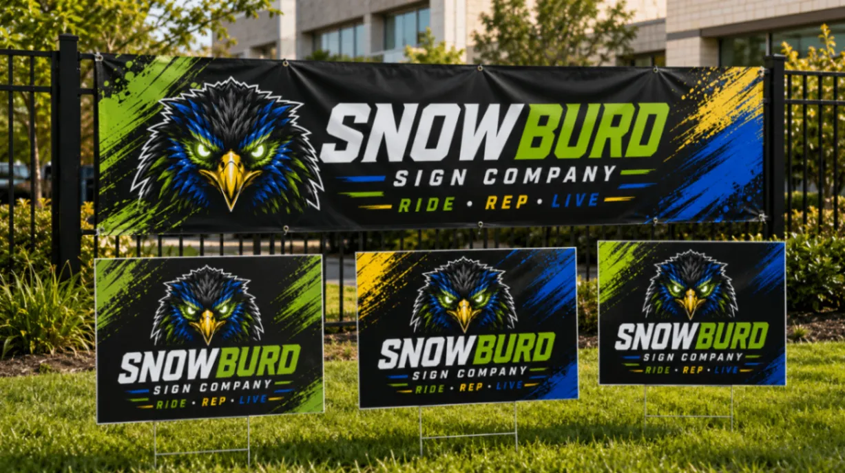 Snowburd yard signs on metal stakes displayed on a lawn beneath a branded banner